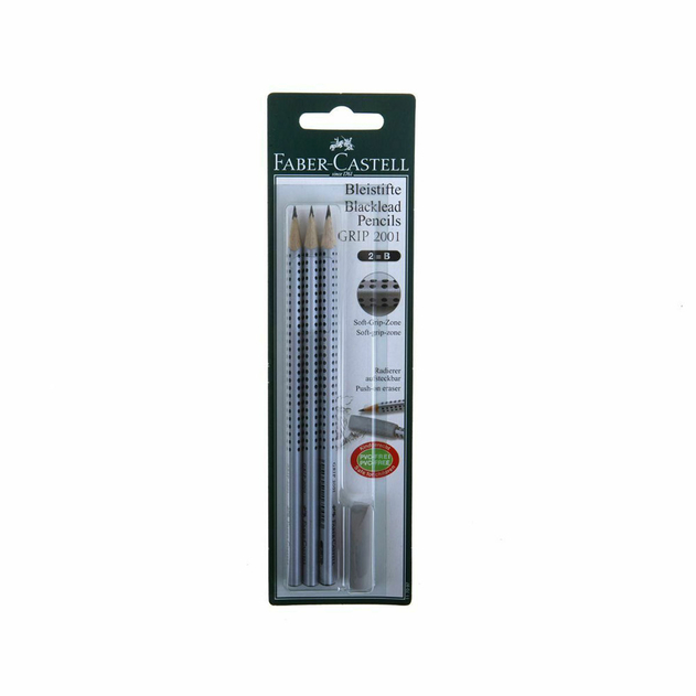Faber-Castell Sustainable Grip 2001 Soft Grip 2B Pencils + Eraser (Pack of 3)