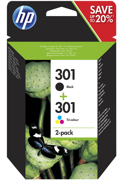HP 301 Black and Tri Colour Inkjet Cartridge, Instant Ink Compatible, N9J72AE (Pack of 2)