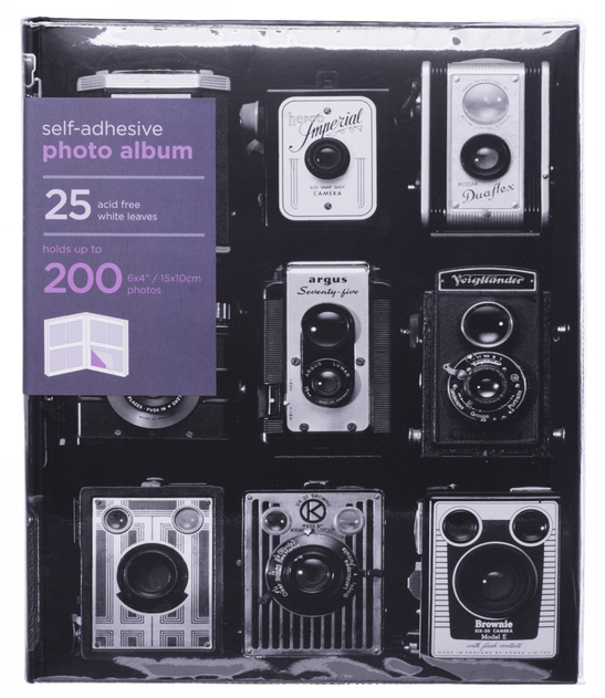 Image of WHSmith Black and White Vintage Cameras Photo Album 25 White Self-Adhesive Leaves