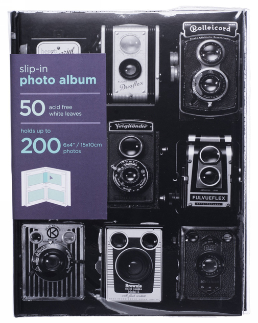 Image of WHSmith Black and White Vintage Cameras Photo Album 50 White Slip-in Leaves
