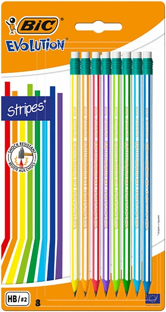 BIC Evolution Stripes Eraser Tipped HB Graphite Pencils, Assorted Colours (Pack of 8)