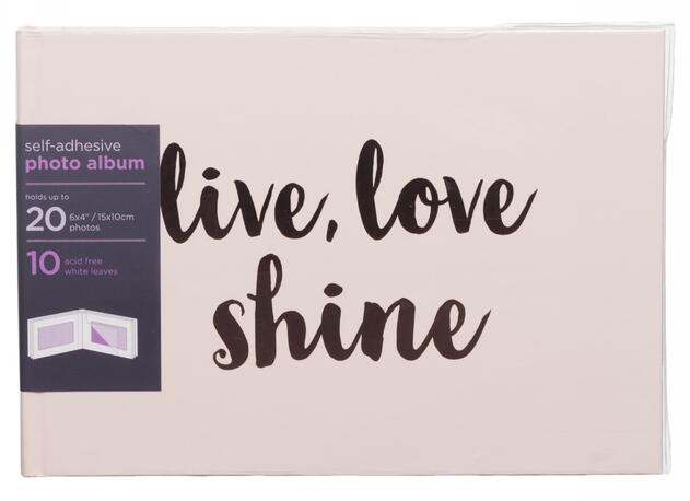 Image of WHSmith Pastel Pink Live, Love, Shine Small Photo Album 10 White Self-Adhesive Leaves