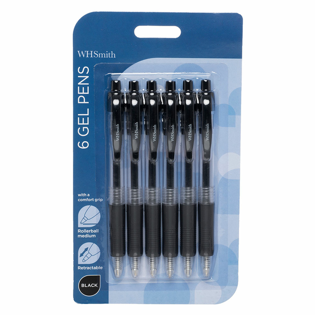 WHSmith Retractable Gel Pens, Black Ink (Pack of 6) WHSmith