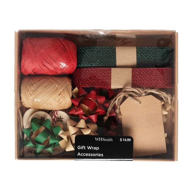 Image of WHSmith Red, Green and Gold Kraft 30 Piece Luxury Gift Accessories Pack