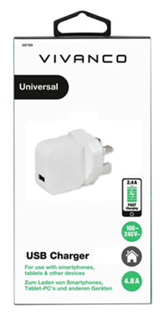 Image of Vivanco White USB Home Single Mains Charger