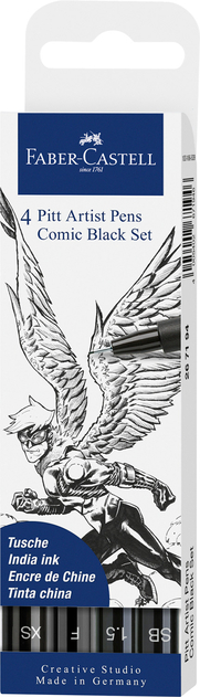 Faber-Castell Creative Studio PITT Artist Drawing Pens Comic Illustration Set Black (Pack of 4)