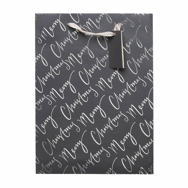 Image of WHSmith Large Grey Merry Christmas Script Christmas Gift Bag