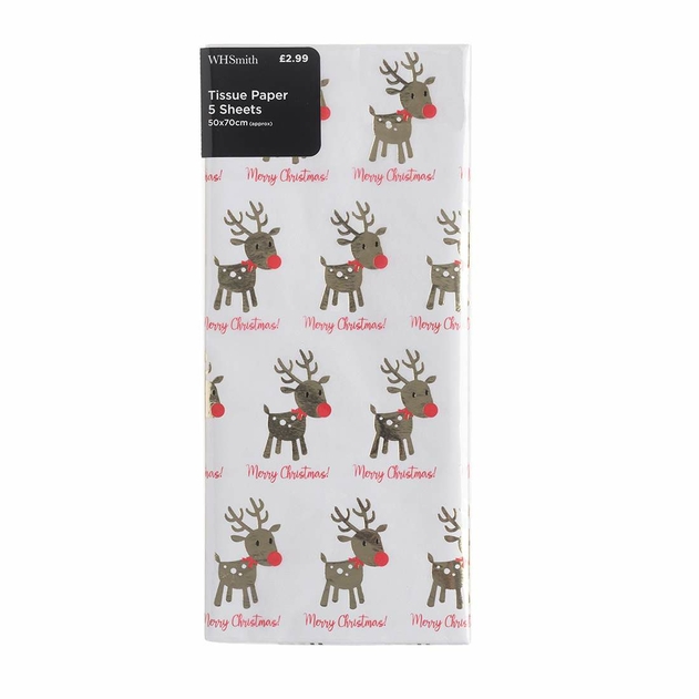 Image of WHSmith Gold Merry Christmas Rudy Tissue Paper Pack of 5 Sheets