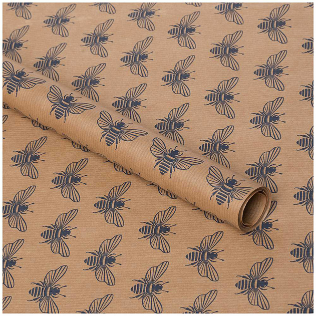 Image of Kraft Navy Bee Print Wrapping Paper 4m