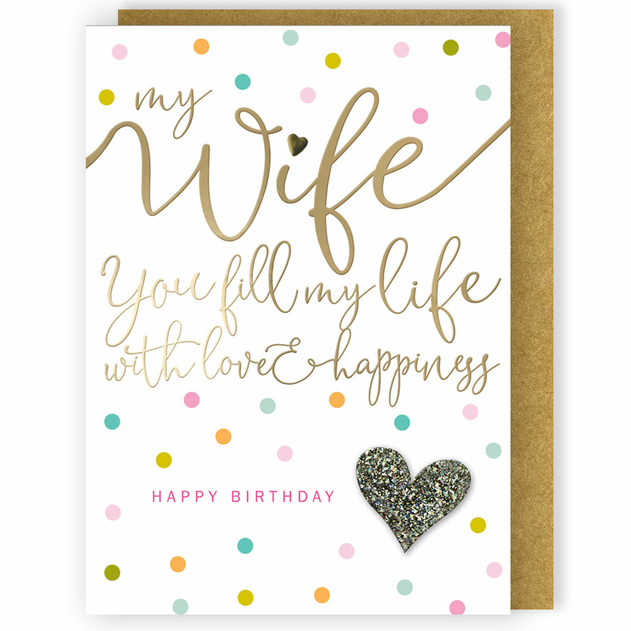 Image of Second Nature Birthday Card Wife - Gold Heart On Multicoloured Polka Dots