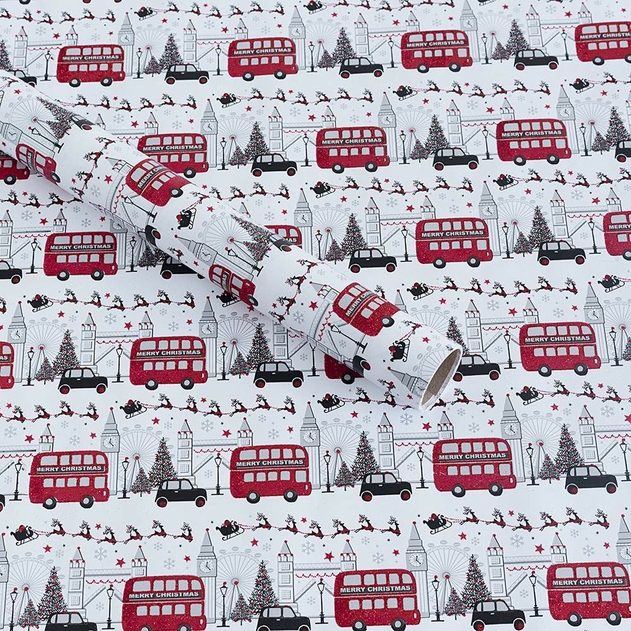 Image of WHSmith 2M Biodegradable Glitter London Scene Christmas Wrapping Paper