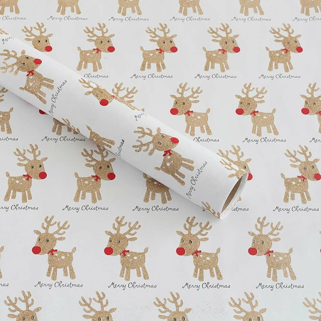 Image of WHSmith 2M Biodegradeable Glitter Gold Rudy Christmas Wrapping Paper