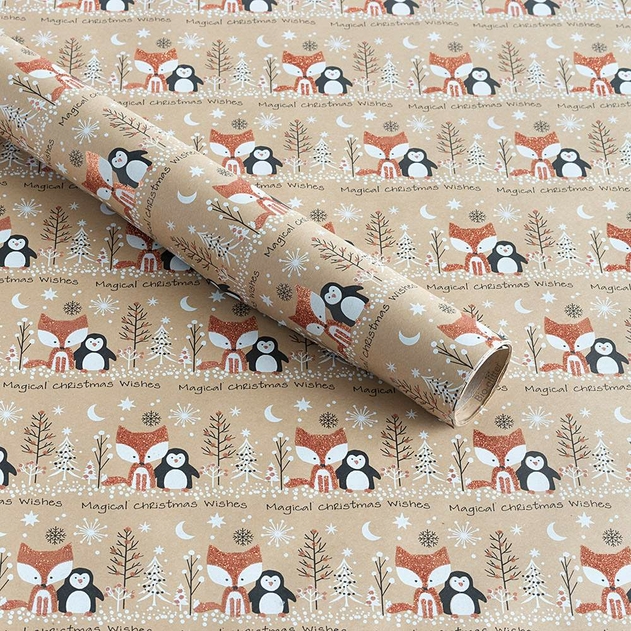 Image of WHSmith 2M Biodegradable Glitter Woodland Friends Christmas Wrapping Paper (Pack of 2)