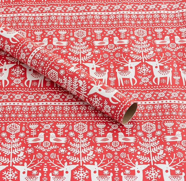 Image of WHSmith 3M Red Scandi Christmas Recyclable Wrapping Paper