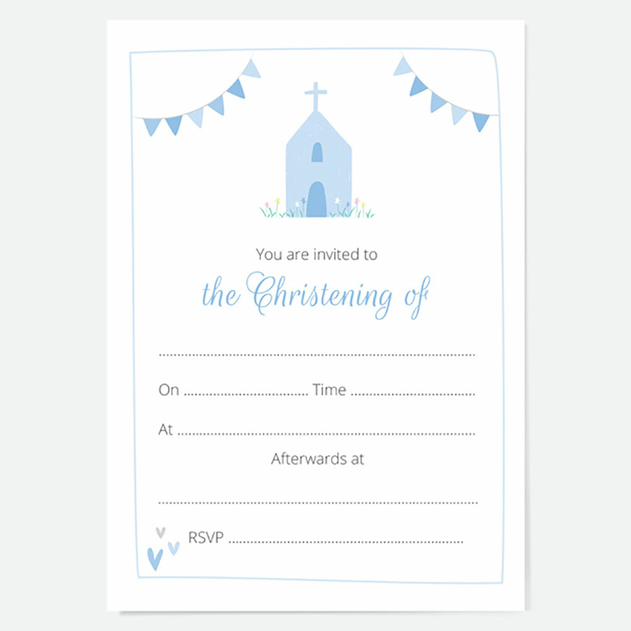 Image of Dotty About Paper Christening Invitations Blue Church & Bunting (Pack of 10)