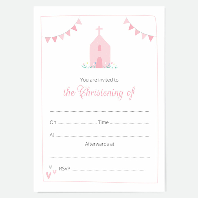 Image of Dotty About Paper Christening Invitations Pink Church & Bunting (Pack of 10)