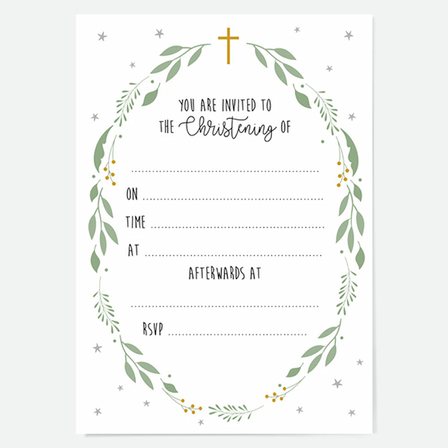 Image of Dotty About Paper Christening Invitations Foliage Wreath (Pack of 10)