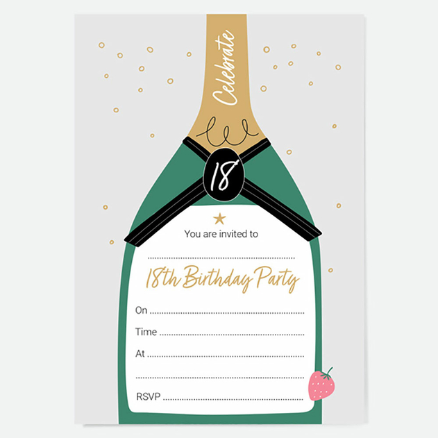 Image of Dotty About Paper 18th Birthday Invitations Strawberry Champagne Bottle (Pack of 10)