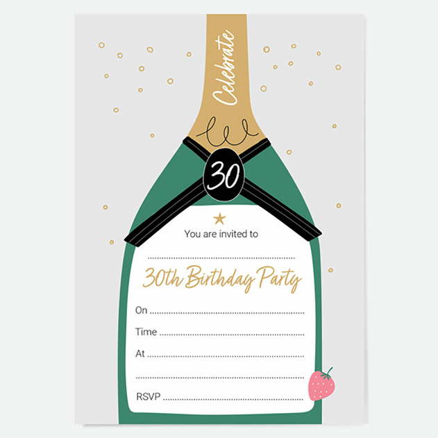 Image of Dotty About Paper 30th Birthday Invitations Strawberry Champagne Bottle (Pack of 10)