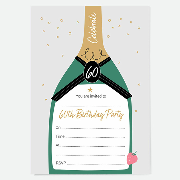 Image of Dotty About Paper 60th Birthday Invitations Strawberry Champagne Bottle (Pack of 10)
