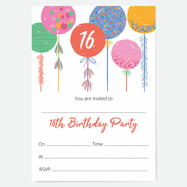 Image of Dotty About Paper 16th Birthday Invitations Bright Balloons (Pack of 10)