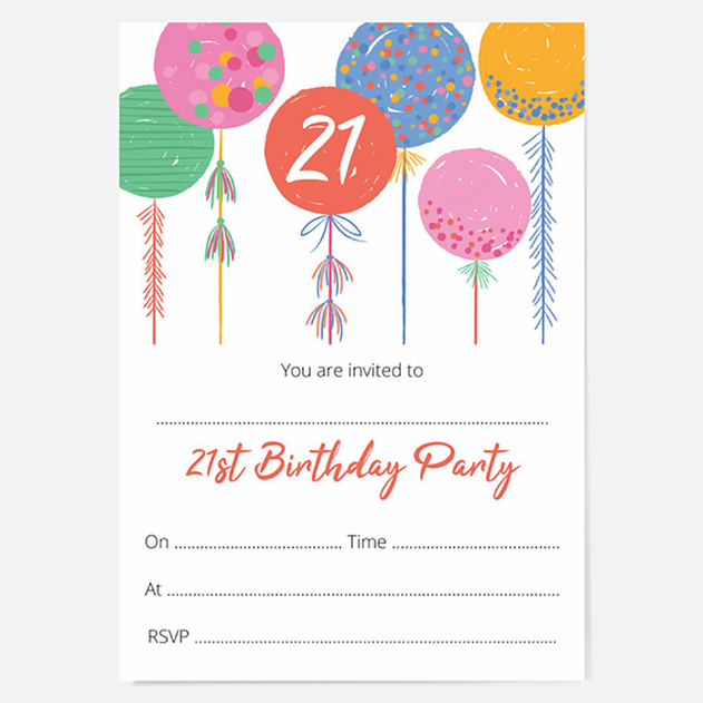 Image of Dotty About Paper 21st Birthday Invitations Bright Balloons (Pack of 10)