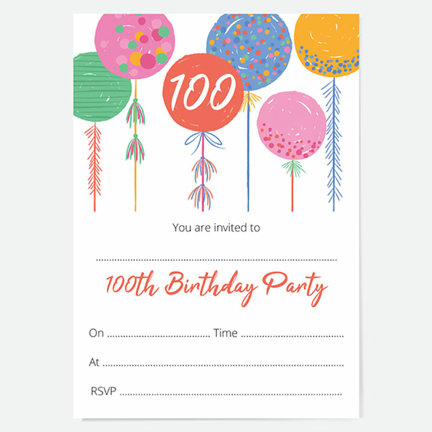 Image of Dotty About Paper 100th Birthday Invitations Bright Balloons (Pack of 10)