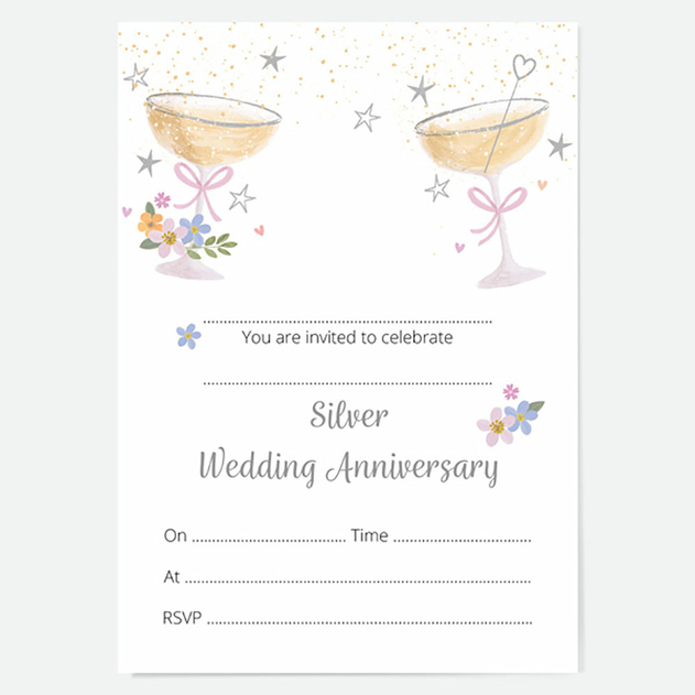 Image of Dotty About Paper 25th Wedding Anniversary Invitations Champagne Bubbles (Pack of 10)