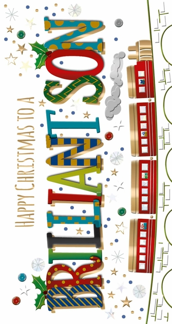 Image of Talking Pictures Handmade Green Foil and Red Train Brilliant Son Christmas Card