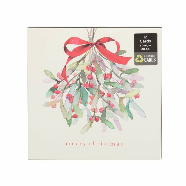 Image of WHSmith Watercolour Mistletoe Christmas Card Pack of 12