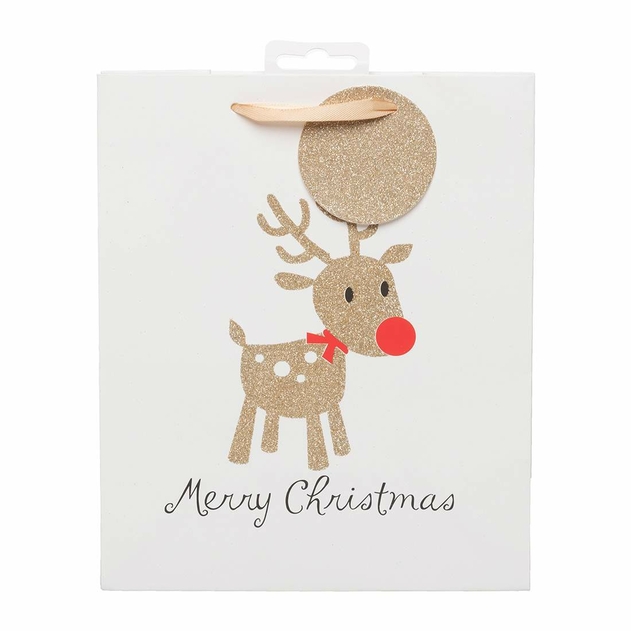Image of WHSmith Gold Bio Glitter Rudolph Medium Bag