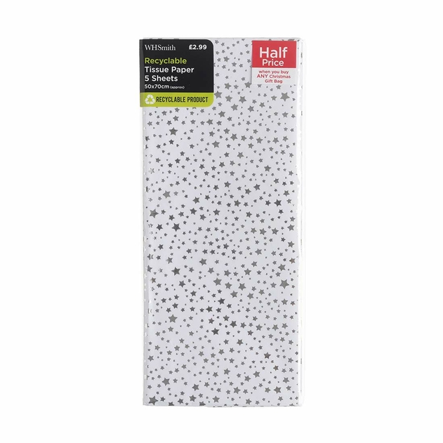 Image of WHSmith Silver Stars Tissue Paper Pack of 5 Sheets