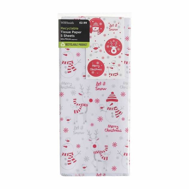 Image of WHSmith Recyclable Red Santa Rudy Merry Christmas Tissue Paper Pack of 5 Sheets with Stickers