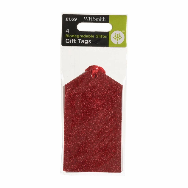Image of WHSmith 4 Red Biodegradable Glitter Tags