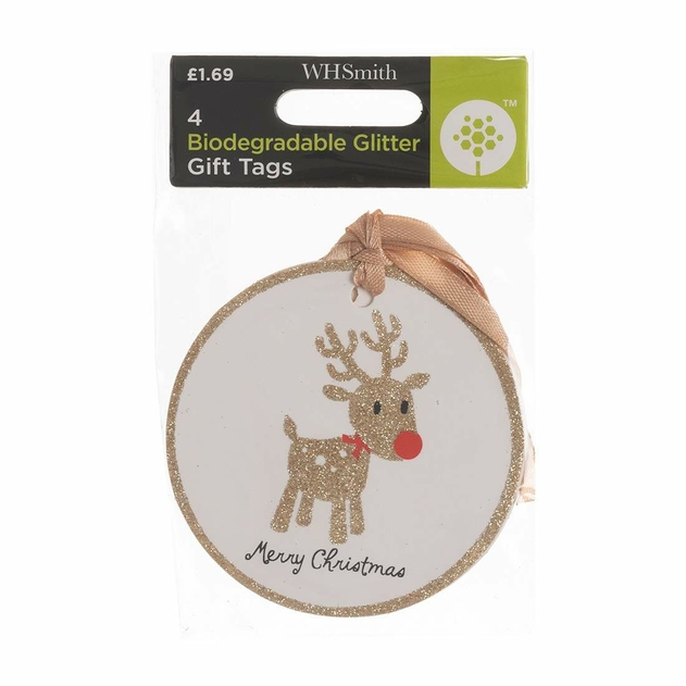 Image of WHSmith 4 Bio Gold Rudolph Glitter Tags