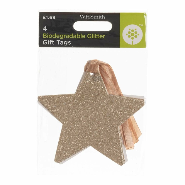 Image of WHSmith 4 Gold Star Biodegradable Glitter Tags