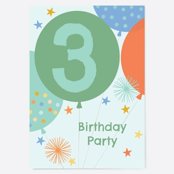 Image of Dotty About Paper Blue Balloons Age 3 Kids Birthday Invitations Pack of 10