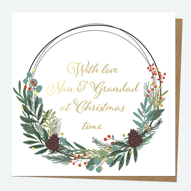 Image of Dotty About Paper Festive Foliage Wreath Nan Grandad Foil Christmas Card