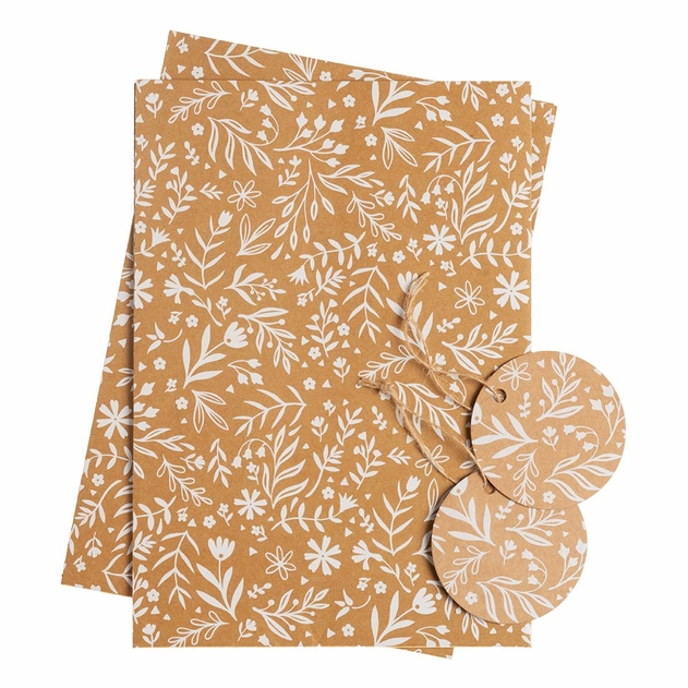Image of WHSmith Kraft Floral Flat Wrap and Tags