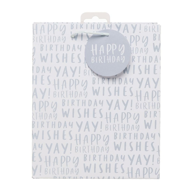Image of WHSmith Grey and White Birthday Wishes Script Medium Gift Bag