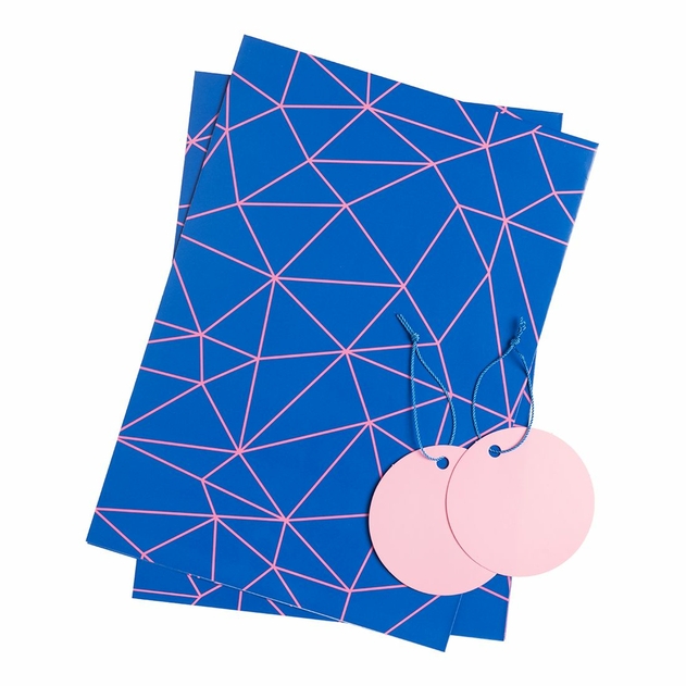 Image of WHSmith Blue and Pink Geometric Flat Wrap and Tags