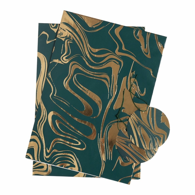 Image of WHSmith Emerald and Gold Foil Marble Flat Gift Wrap and Tags