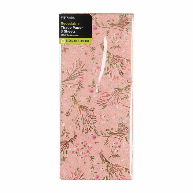 Image of WHSmith 3 Sheets Pink Peacock and Gold foil Tissue Paper