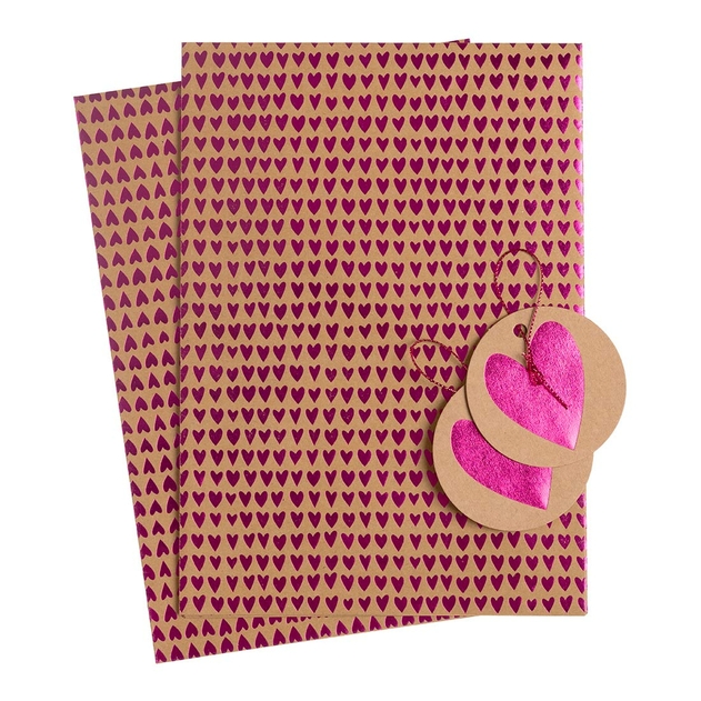 Image of WHSmith Pink Hearts Kraft Flat Wrap and Tags
