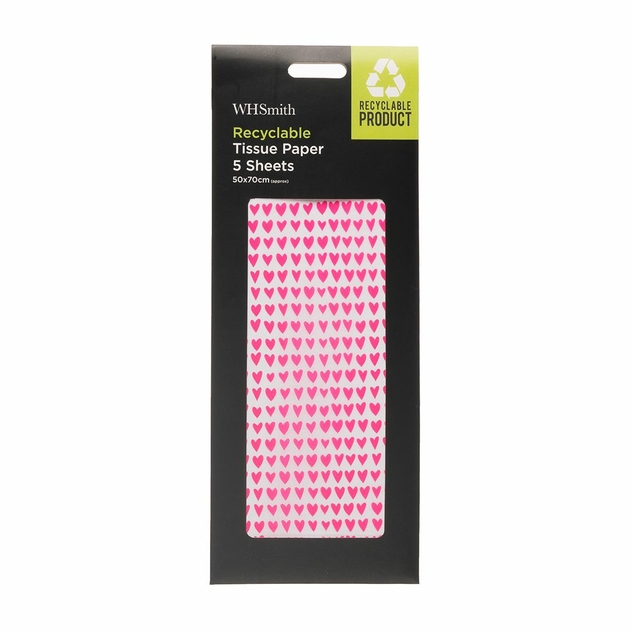 Image of WHSmith Pink Hearts 5 Sheets of Recyclable Tissue Paper
