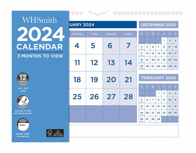 Image of WHSmith Commercial 2024 3 Month to View Calendar