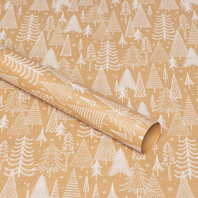 Image of WHSmith 3M White Trees On Kraft Recyclable Christmas Gift Wrap