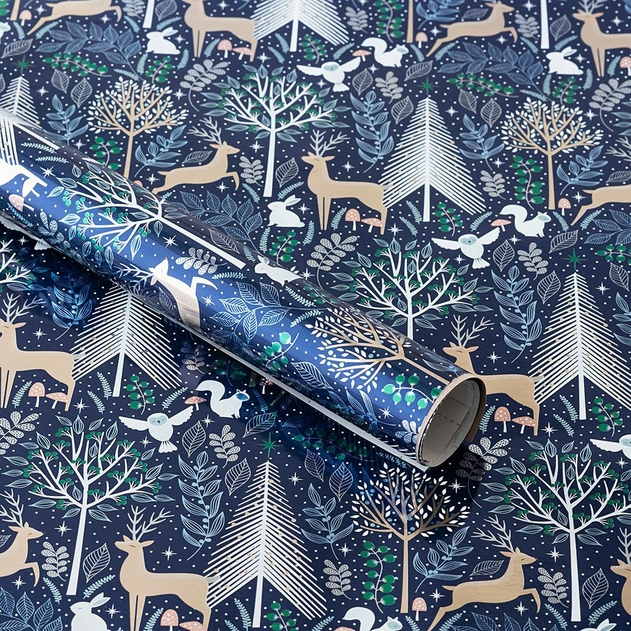 Image of WHSmith 3M Blue Woodland Scene Christmas Gift Wrap