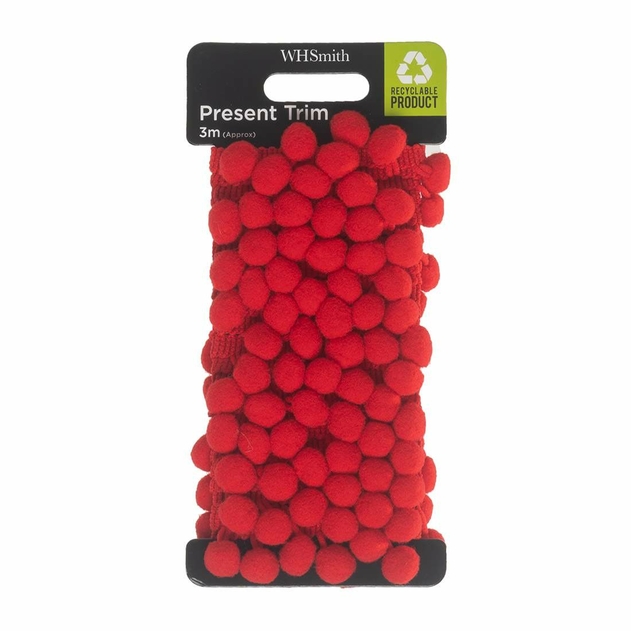 Image of WHSmith 3M Gift Pom-Pom Red Trim