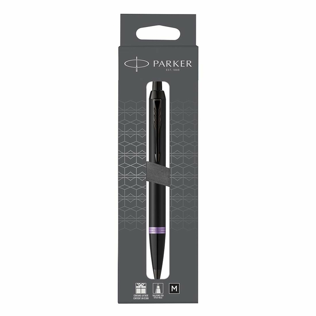 Parker IM Vibrant Rings Ballpoint Pen, Satin Black Lacquer with Amethyst Purple Accents, Medium, Black Ink, Gift Box